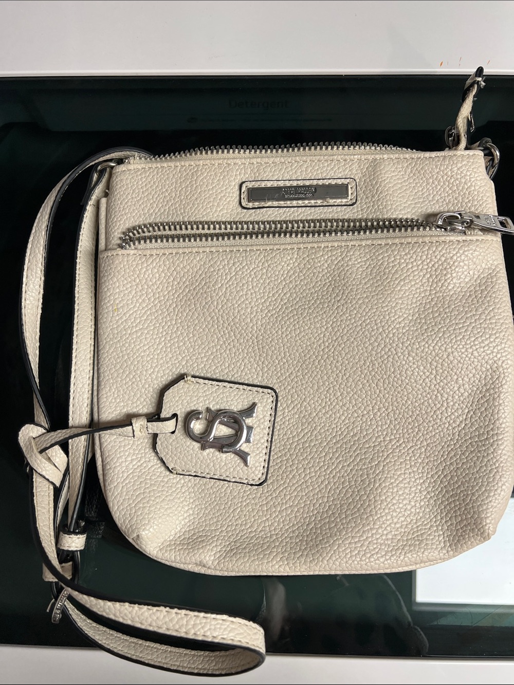Steve Madden Ivory Pebbled Crossbody with Logo Tag